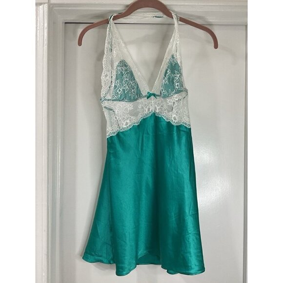 Victoria’s Secret Aqua Satin and Lace Slip Dress Lingerie Size Large - Picture 1 of 5
